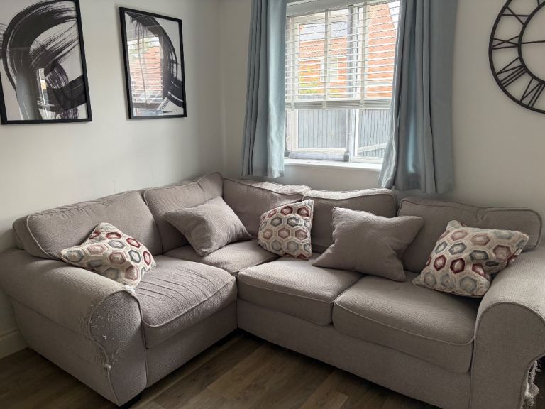 Comfy Grey Corner Sofa with Cushions – Very Used Condition