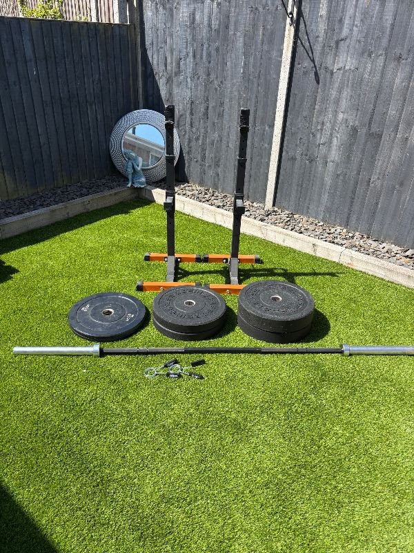 Weights, Olympic bar, squat rack and bench 