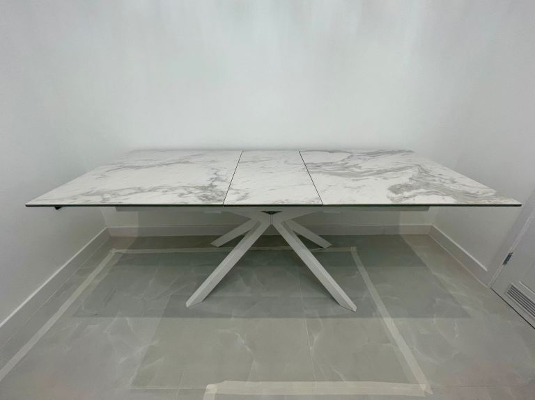 Stunning White Marble Effect Cross Leg Extending 6-8 Seater Rectangular Dining Table