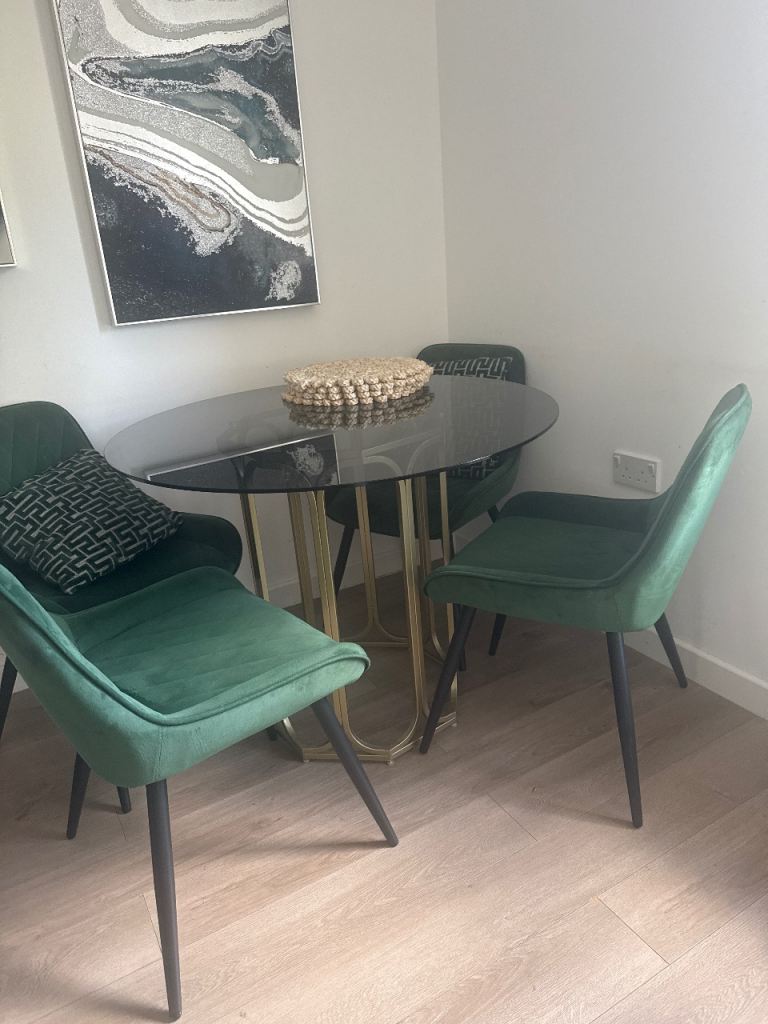 Dining Table and 4 Chairs – Black Glass & Green Velvet