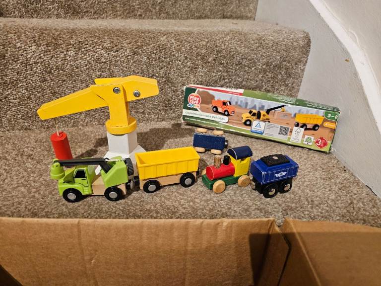 Wooden train, cars and tracks 