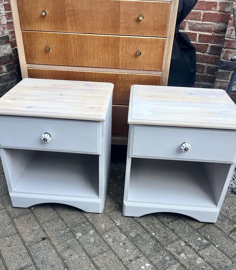 Pair of Light Grey Bedside Tables with Wooden Tops