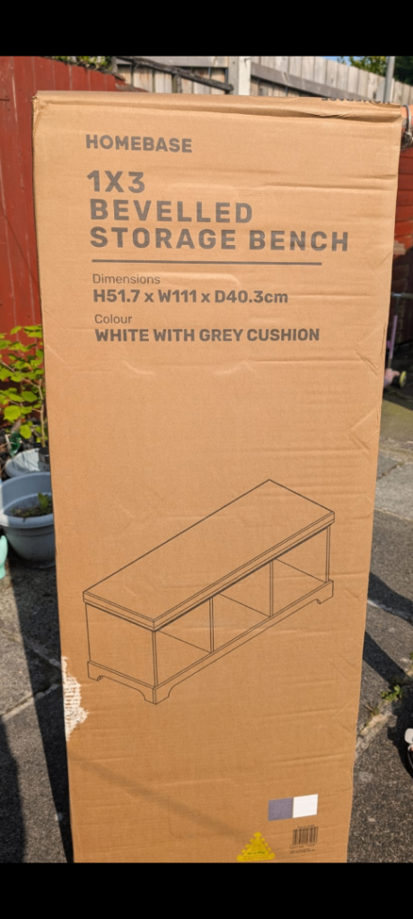 Homebase 1x3 Bevelled Storage Bench – White with Grey Cushion, New in Box