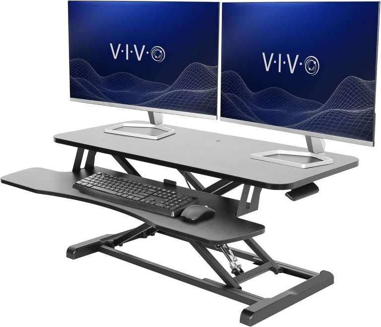Adjustable Sit to Stand Riser, Dual Monitor and Laptop Workstation with Wide Keyboard Tray, Black