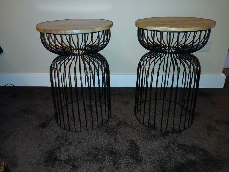 Pair of Black Metal & Wood Side Tables