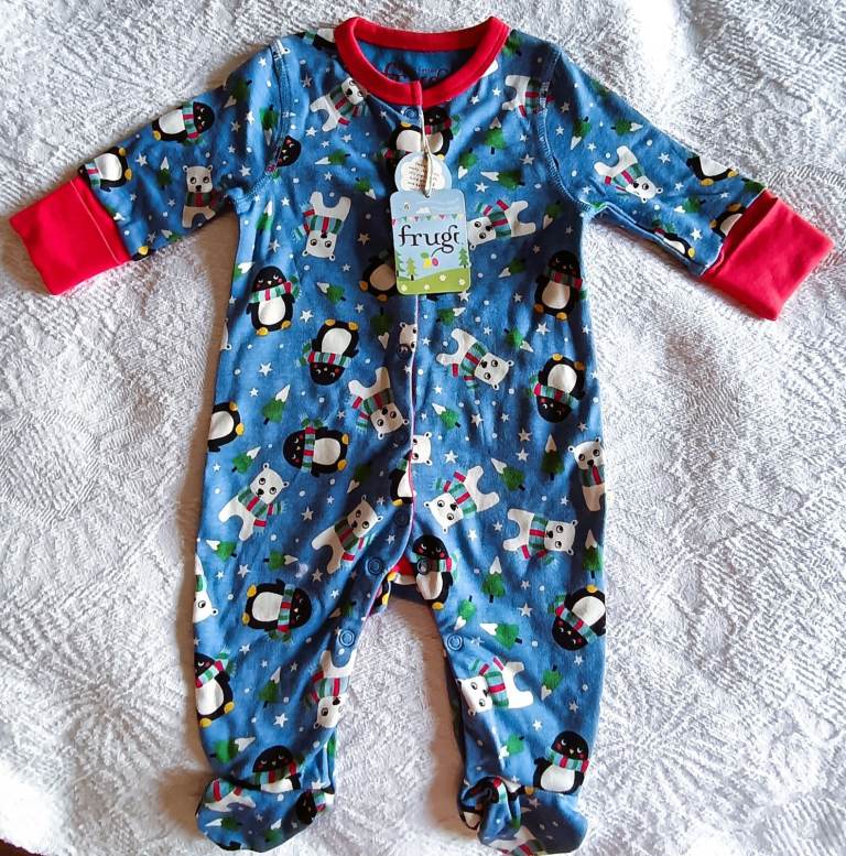 FRUGI Baby Grow Christmas Penguin Star Tree Polar Bear Blue All In One Romper Suit 0-3 Month 