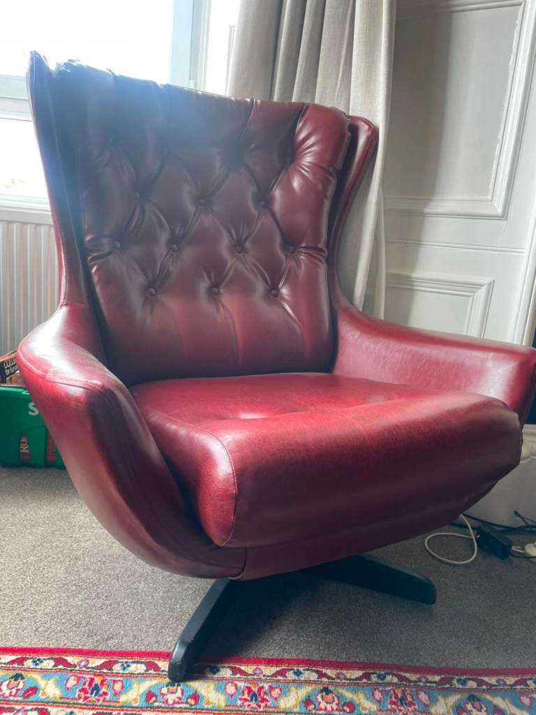 Genuine Mid-Century Burgundy Faux Leather Swivel Armchair 