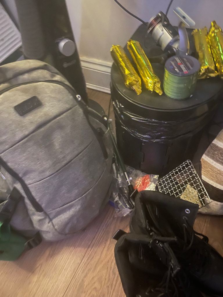 Camper toilet, BBQ and fire lighters , fishing holders etc