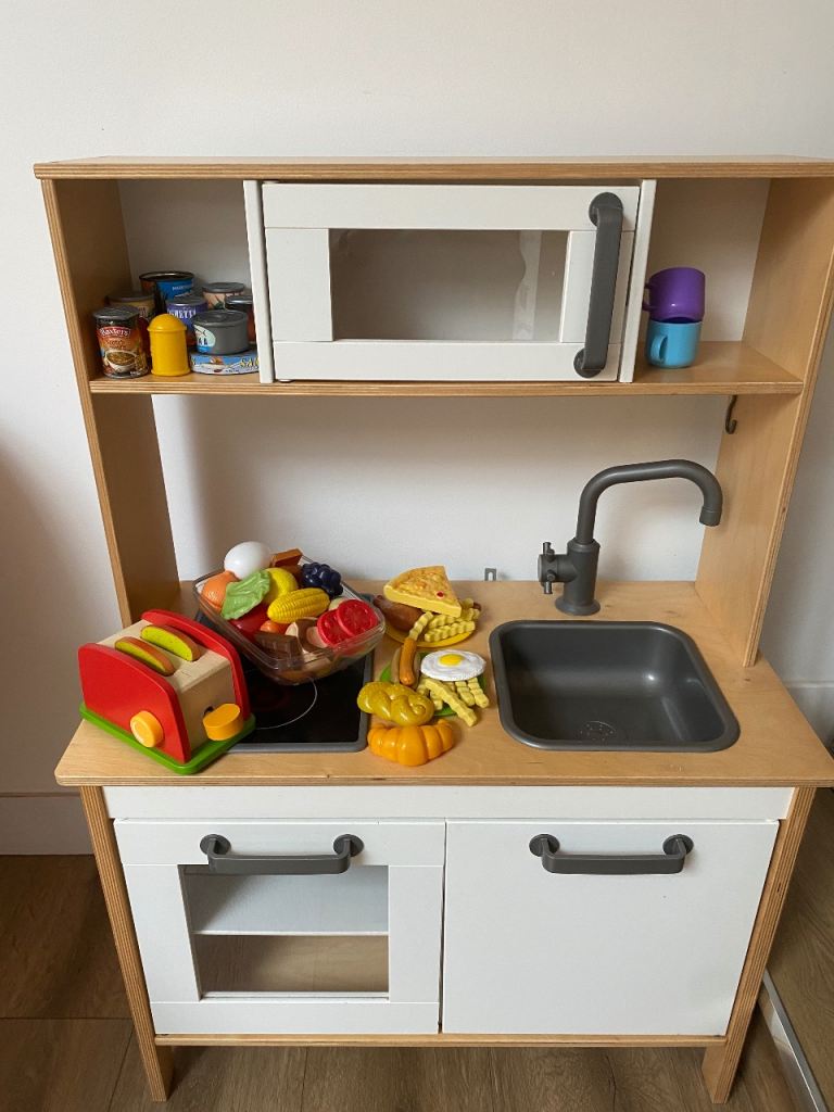 Lovely Wooden Play Kitchen with Food, Pots, Pans & Toaster