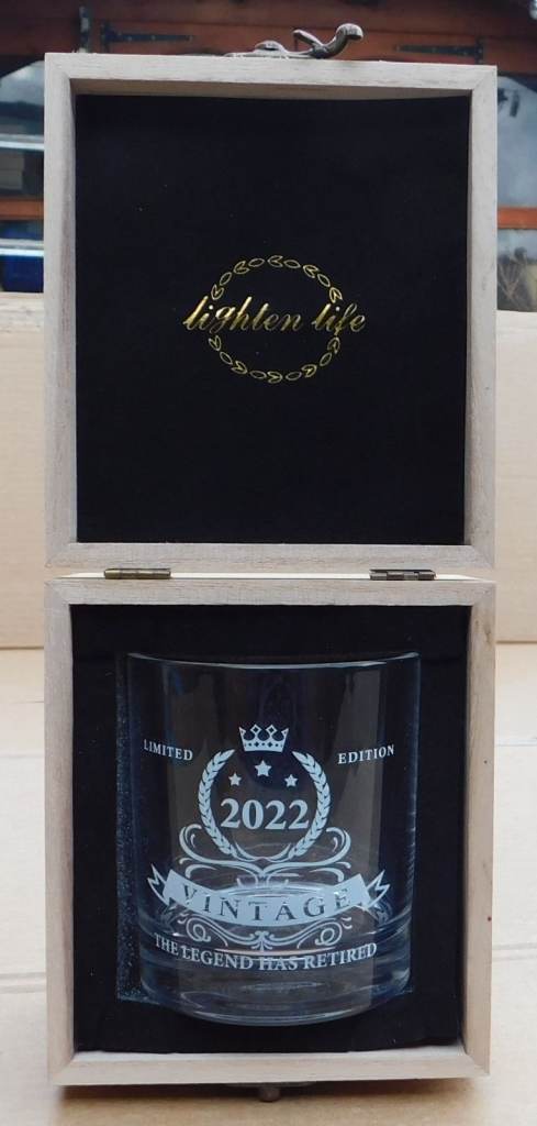 The Legend Has Retired 2022 Vintage, 13 oz. Glass in Wooden Presentation Box.