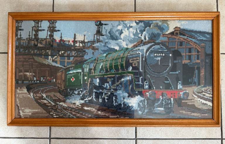 Framed Vintage Steam Train Hand Stitched Tapestry –  Multicoloured 80cm w × 43cm h