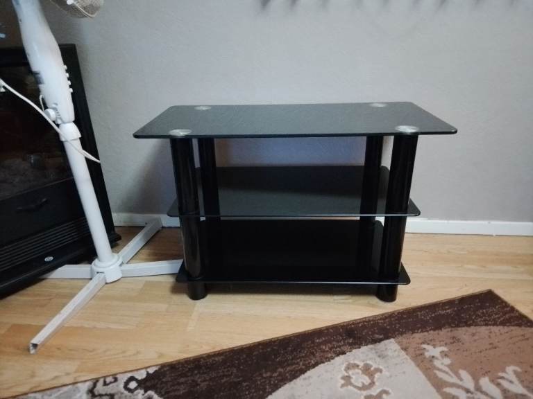 Black Glass TV Stand with Two Shelves – Good Condition