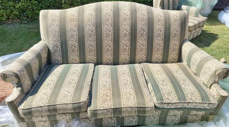 Three seater sofa with two single armchairs, all good condition