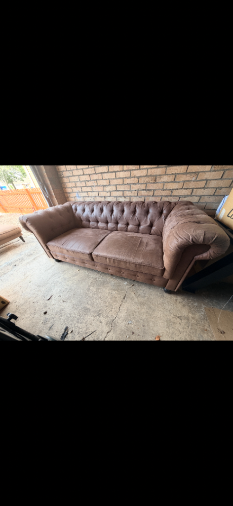 Brown Fabric Chesterfield Style Sofa and Footstool – Good Condition