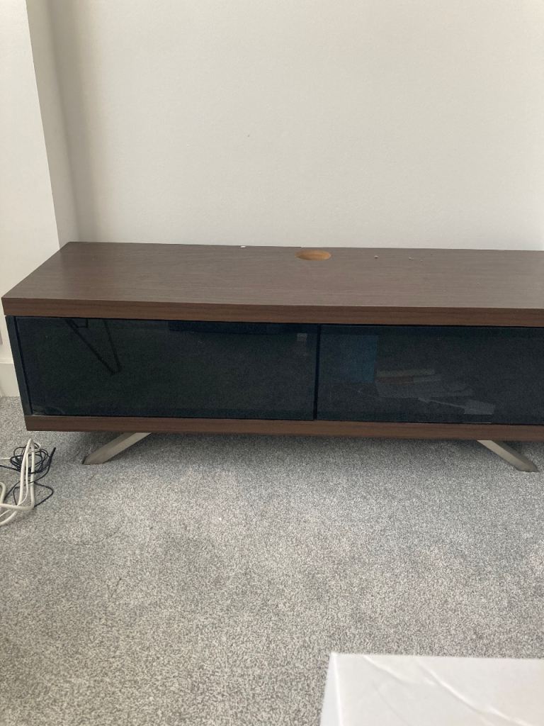 Brown Wooden TV Unit with Glass Doors – Good Condition