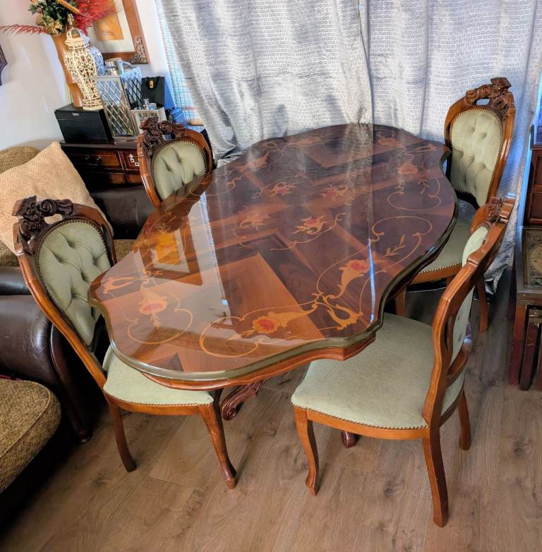 Vintage Italian Walnut Inlay Mahogany Dining Table with 4 Chairs