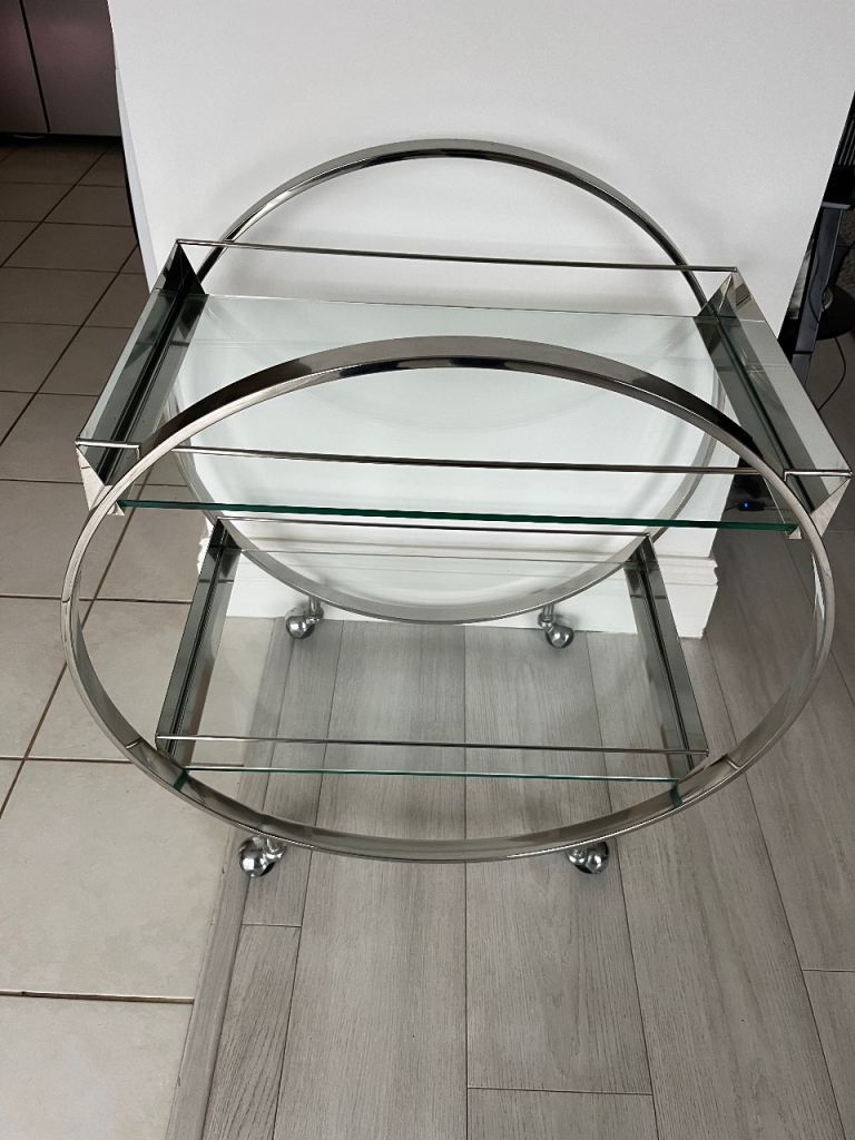 Chrome & Glass Circular Drinks Trolley / Bar Cart on Castors