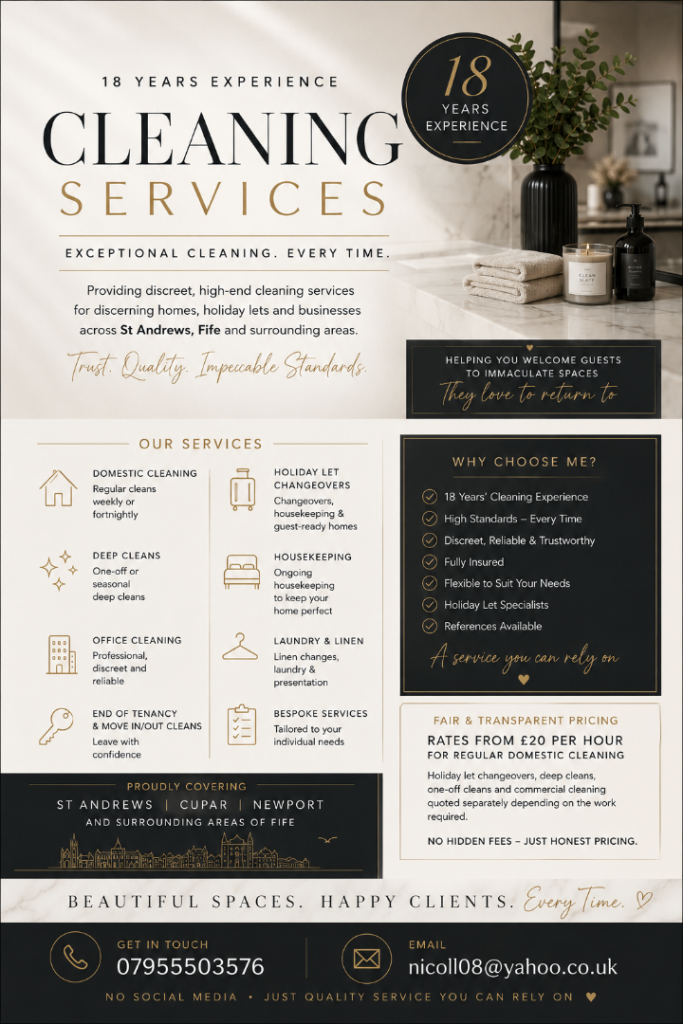 ⭐ Experienced & Reliable Cleaner | 18 Years Experience | Cupar, St Andrews & North East Fife ⭐