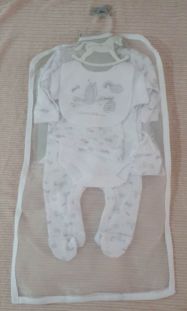 Rock A Bye Baby Boutique Cotton Stork Print 5 Piece White Hanging Gift Set 3-6M BNWT