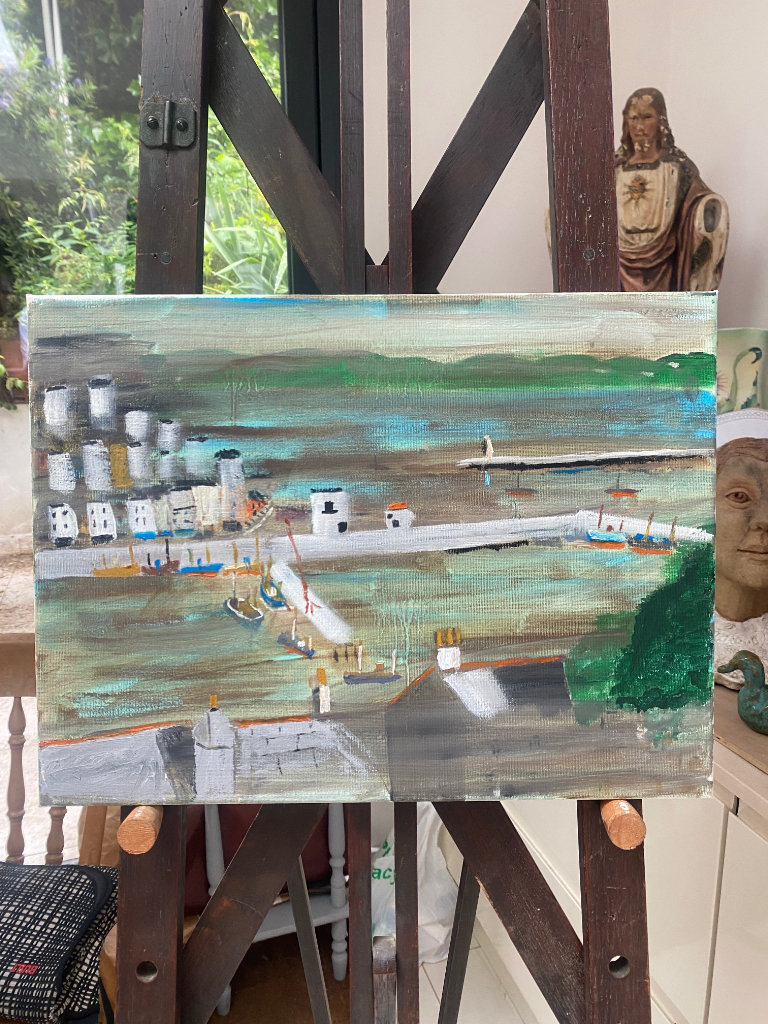West Country port, original naive painting 