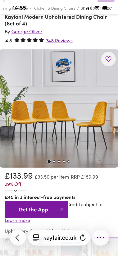 Set of 4 new yellow velvet chairs boxed 