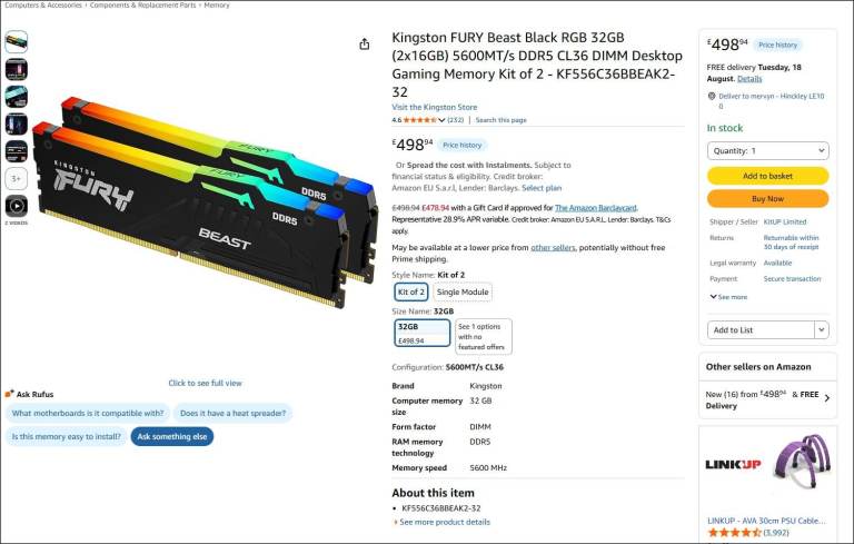 Kingston FURY Beast Black RGB 32GB (2x16GB) 5600MT/s DDR5 
