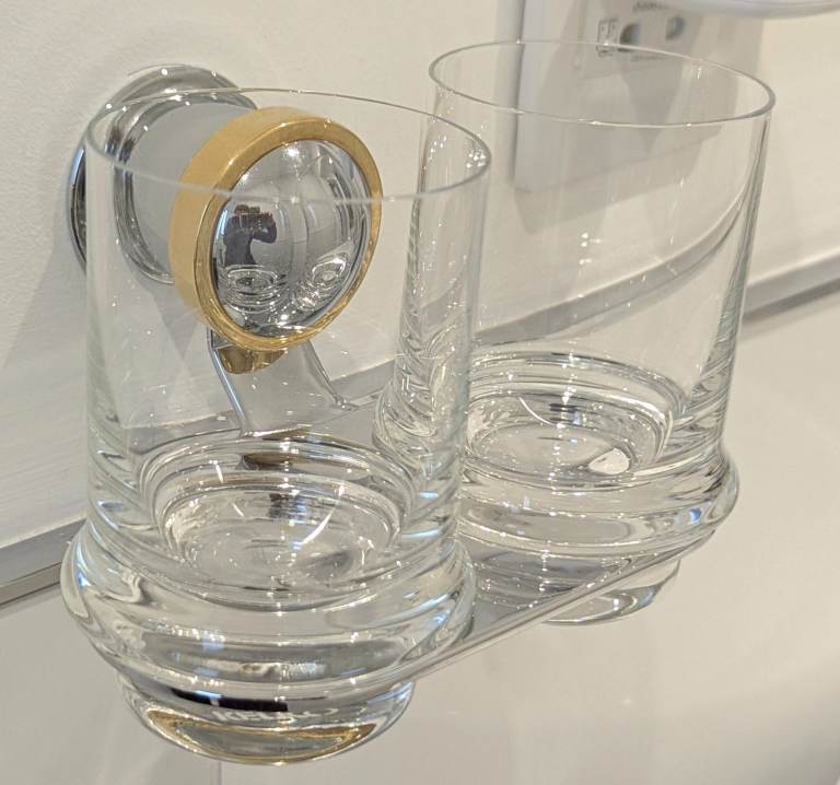 KEUCO APOLLO 2 GLASS TUMBLERS CHROME HOLDER GOLD TRIM 14cm W x 11cm D x 9.5cm H