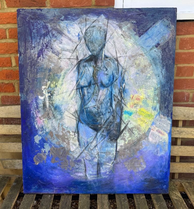 Abstract Figure Painting on Canvas – Blue Tones, Textured