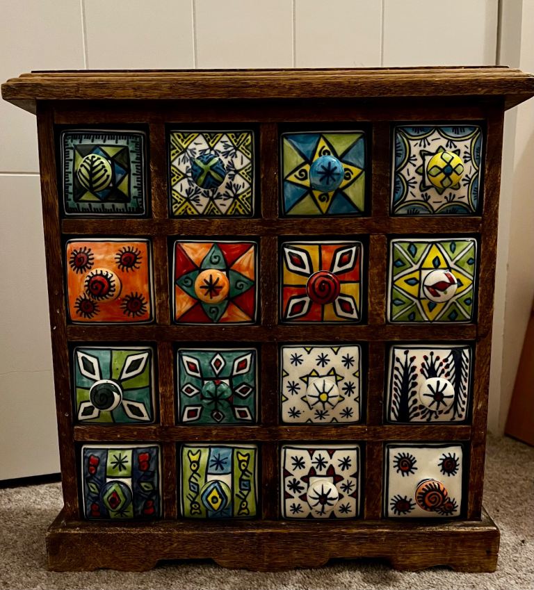 Mini wood & ceramic chest of drawer hand painted decorative