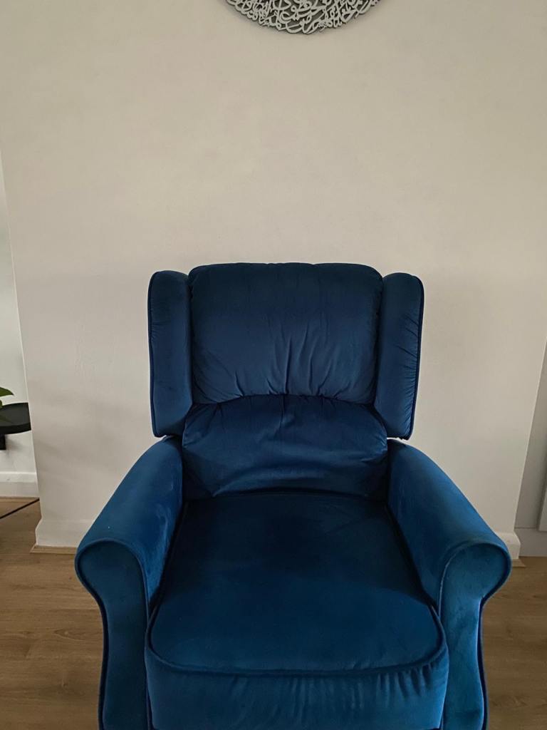 Comfy Blue Velvet Recliner Armchair – Good Condition