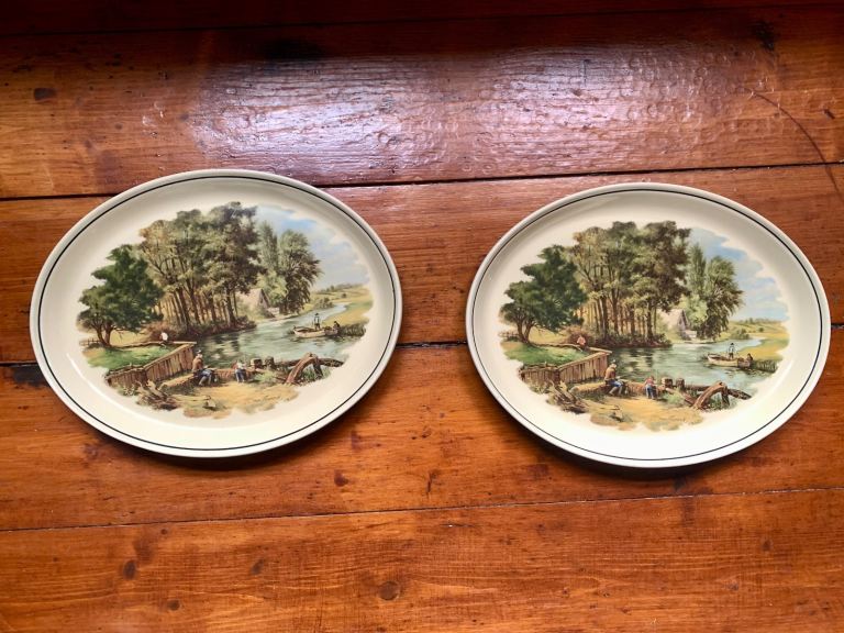 Pair of vintage antique Hornsea ebony dutch landscape plates