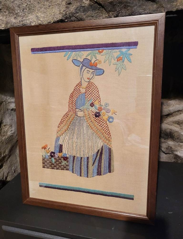 Vintage hand-embroidered picture featuring a "Crinoline Lady" design - 1930's - Framed