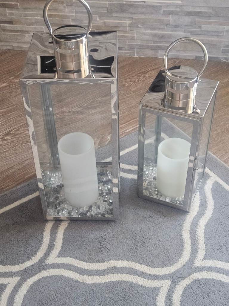 Set of Two Silver Metal and Glass Lanterns