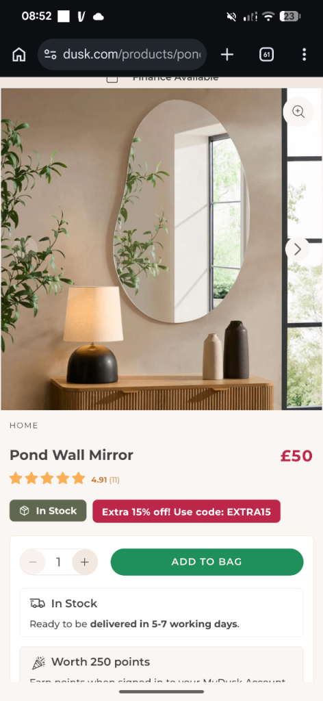 DUSK Aymmetric pebble Wall Mirror – New condition 