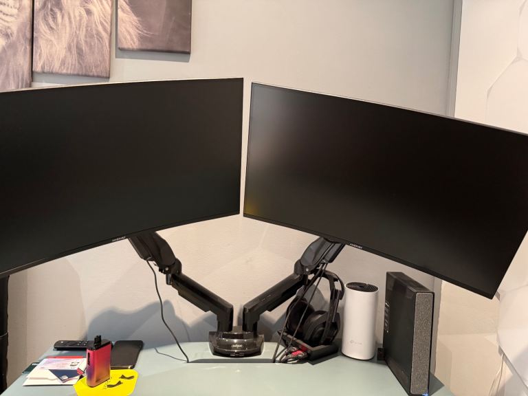 Dual Computer Gaming Monitors with Desk Mount – Brand New (Never used) Condition