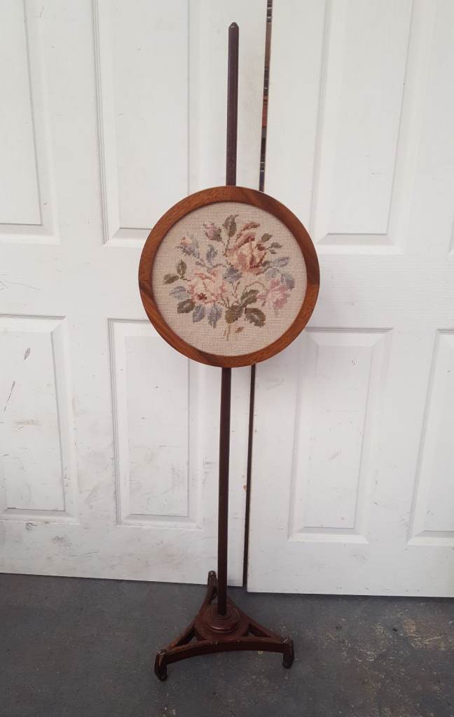 Antique Victorian Pole Screen, with Embroidered Panel