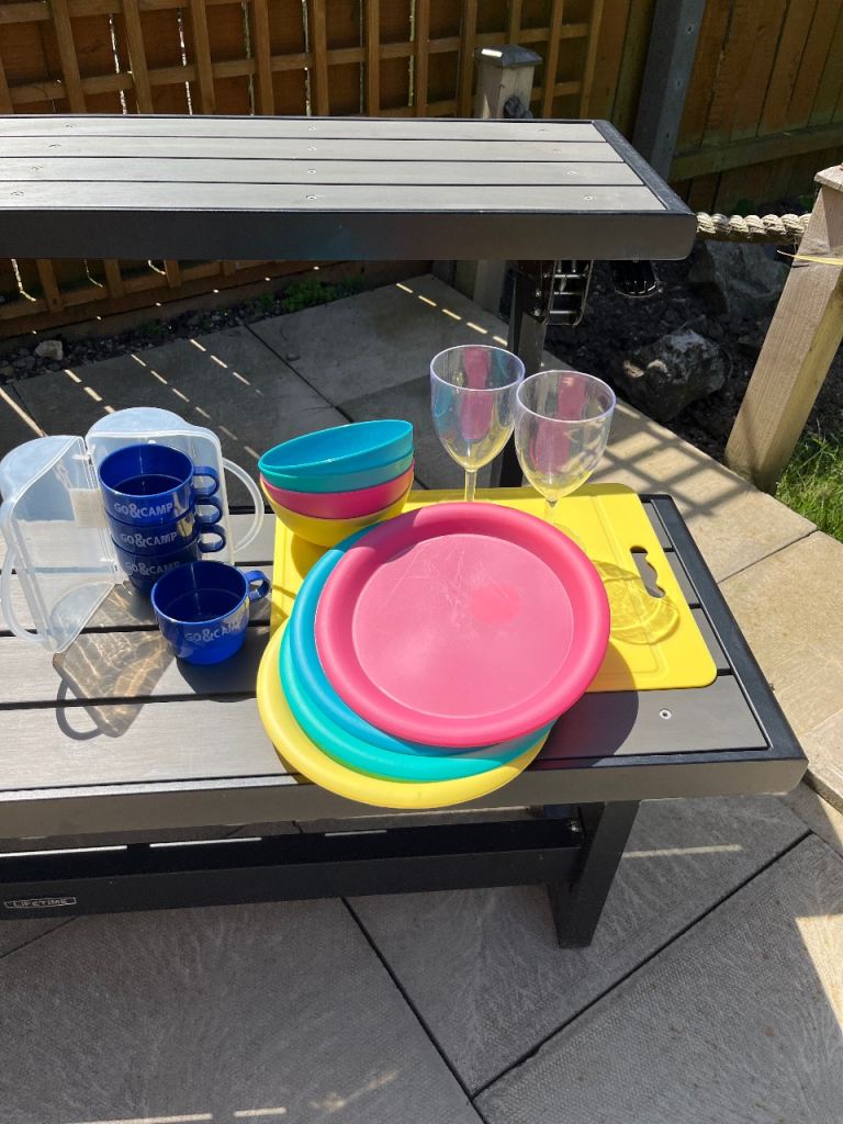 Set of Multi-coloured Plastic Plates, Bowls, Cups, Jug and Glasses