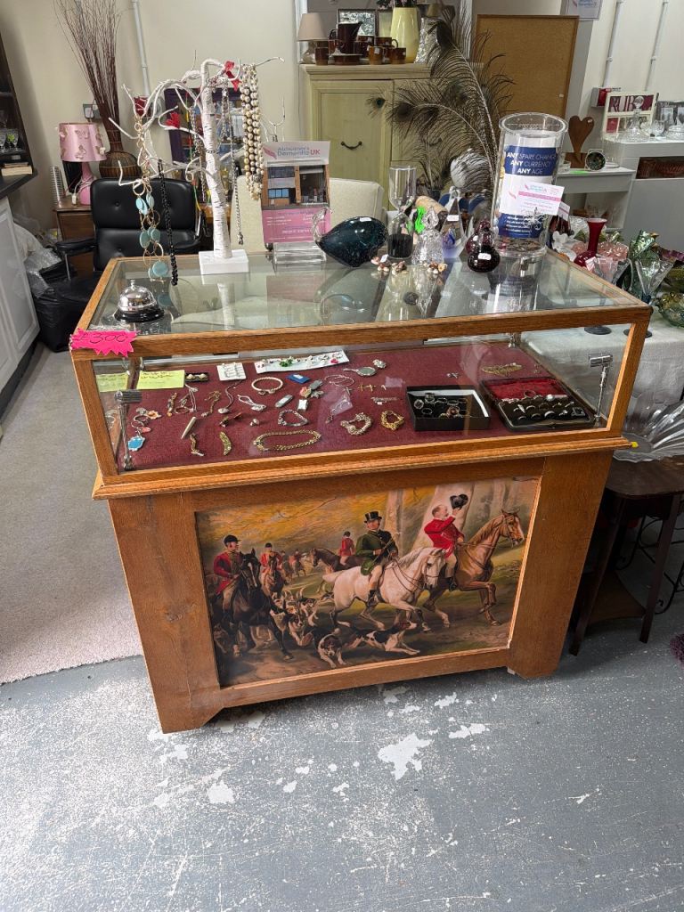 Wooden Display Cabinet with Glass Top and Hunting Scene