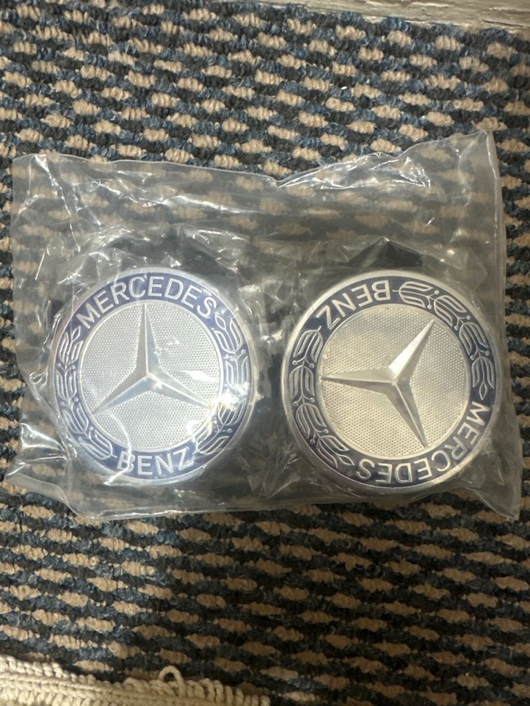 Mercedes-Benz Genuine Alloy Wheel Centre Caps Blue Logo 75mm x 4