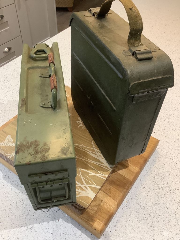 WW2 antique vintage original British bullet case and Russia oil case 