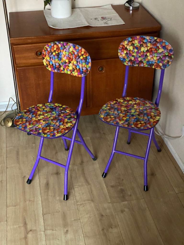 image for Pair of designer Smarties print folding chairs purple for dining / garden / kitchen / entertaining