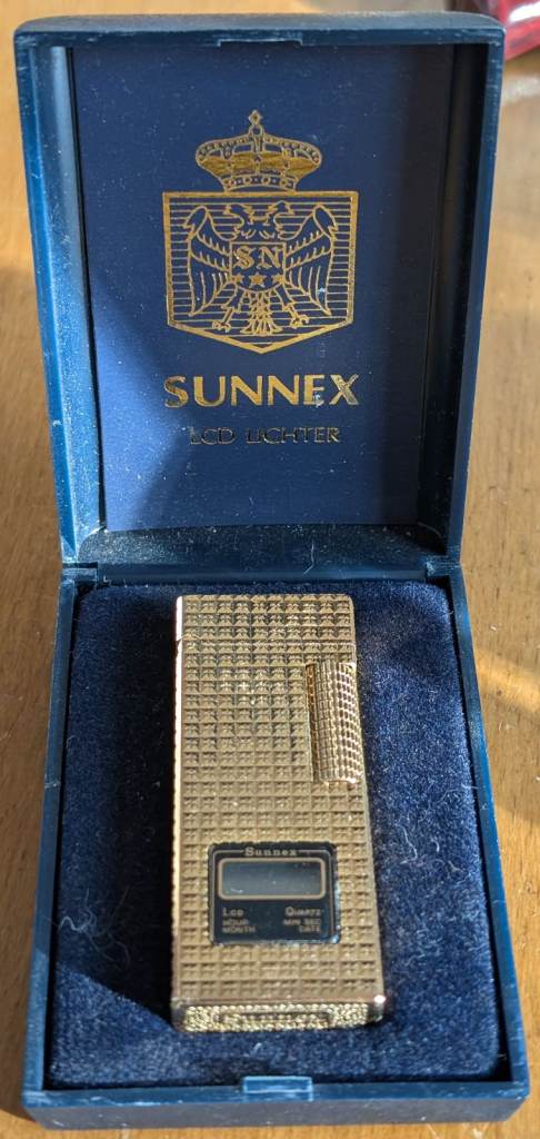 Vintage 1980's Gold Sunnex Lighter LCD Digital Display in Original Blue Box 