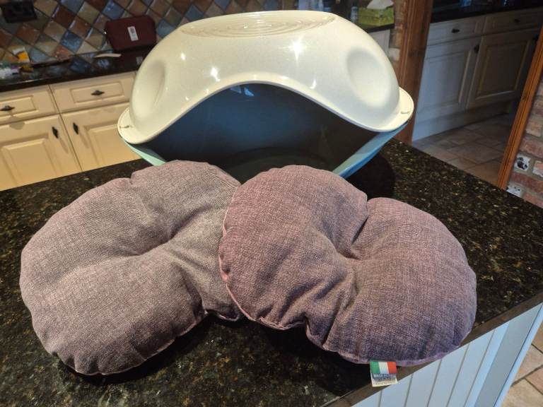 Cat plastic weatherproof  house,  for indoor  or outdoor  excellent  condition with two cushions 