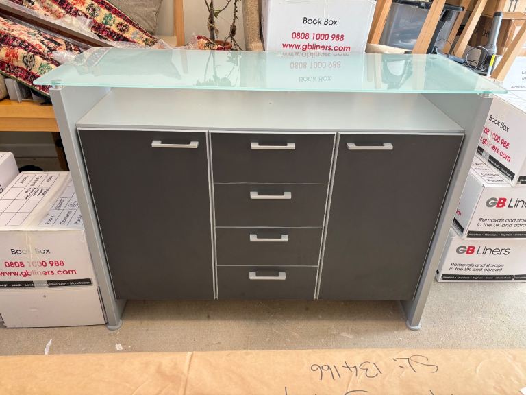 Modern Grey Sideboard with Glass Top and Drawers – Good Condition