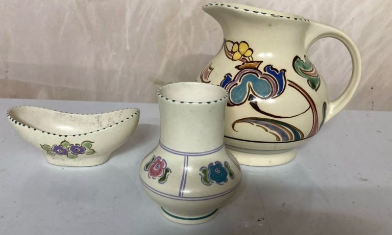 Honiton pottery Devon 1930’s Jug Vase Dish Hand Painted Art Deco