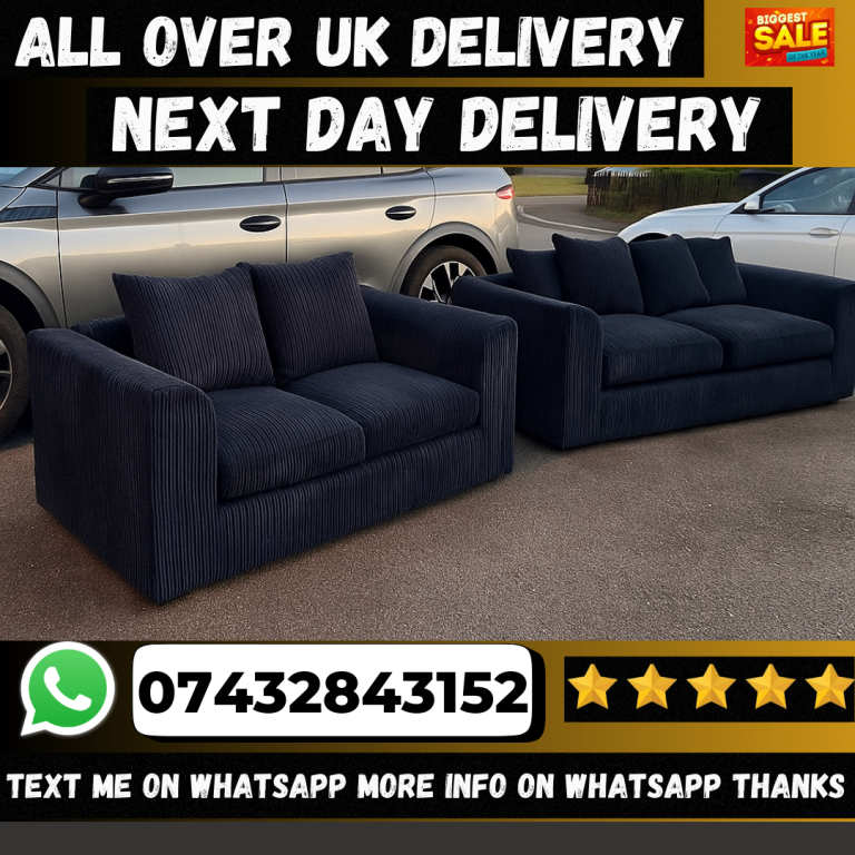 Navy Black Corduroy Sofa Set - 2 Seater and 3 Seater, NEW
