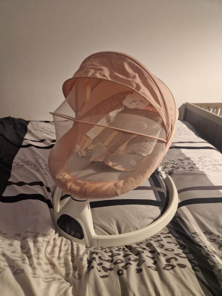 Vibrating musical electric Baby swivel seat with Canopy – Pink, As Good As New