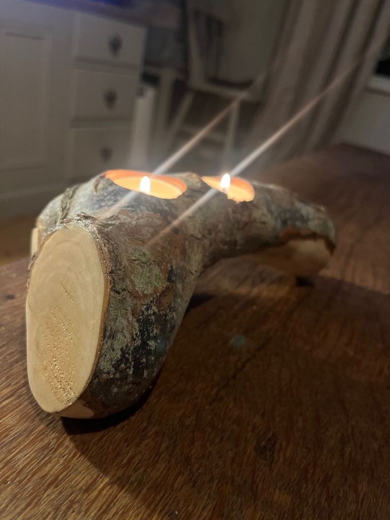 Handcrafted Rustic Double Tealight Candle Holder with Natural Bark Finish – Unique Log Decor