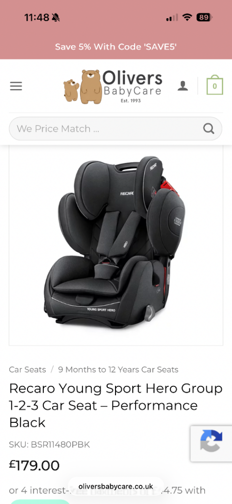 Recaro Young Sport Hero Car Seat – Black, Good Condition