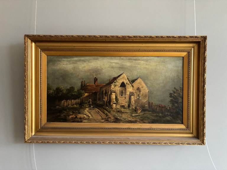 Oil Painting Countryside Scene with Rural Church, 76cm x 46cm